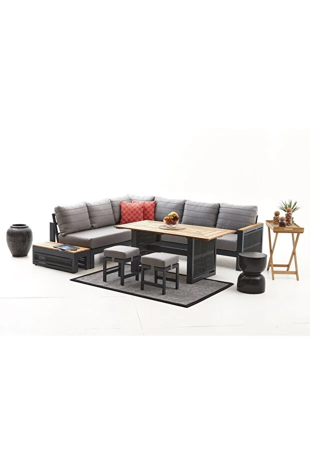 Alex Alüminyum Bahçe Balkon Köşe Takımı - Antrasit (MASA TABLASI DÜZ KESİM OLARAK GELMEKTEDİR)